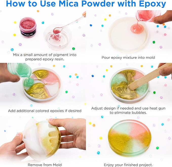 Rolio Mica Powder Pearlescent Color Pigment - 12 Jars for Resin Epoxy, Soap Making, Nail Polish, Lip Gloss, Eye Shadow, Bath Bomb, Slime & Candle - 10g Each (Summer Mountains)