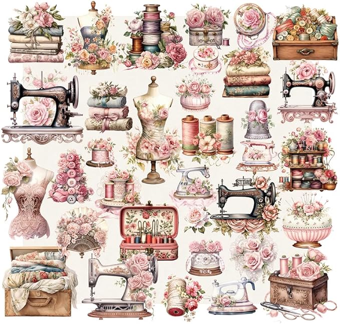 Vintage Vellum Stickers Floral Plants Elements Scrapbooking Supplies Flowers Botanic Natural Translucent Paper Self-Adhesive Junk-Journal Items (Sewing Rose)