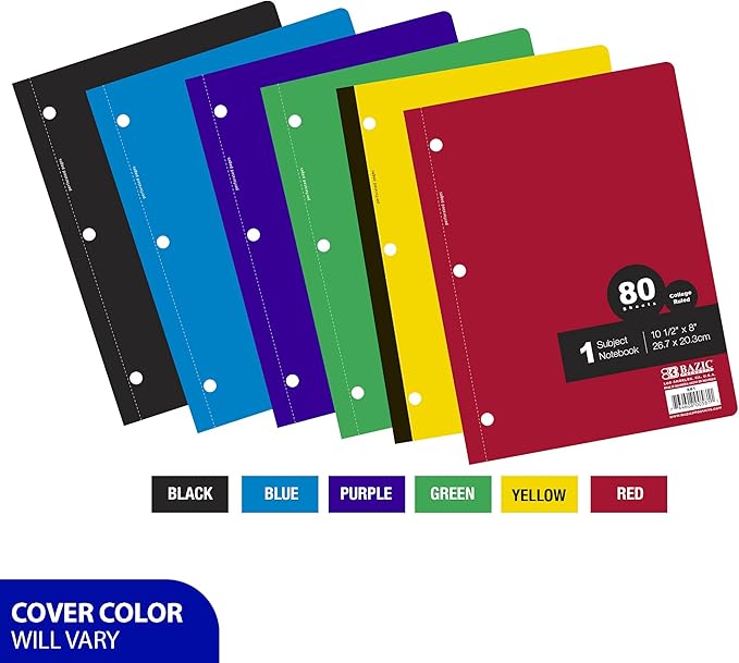 BAZIC Notebook College Ruled 1 Subject 80 Sheets Wireless Notebooks, Lined Composition Book, Assorted Color, 1 Unit, Random Color