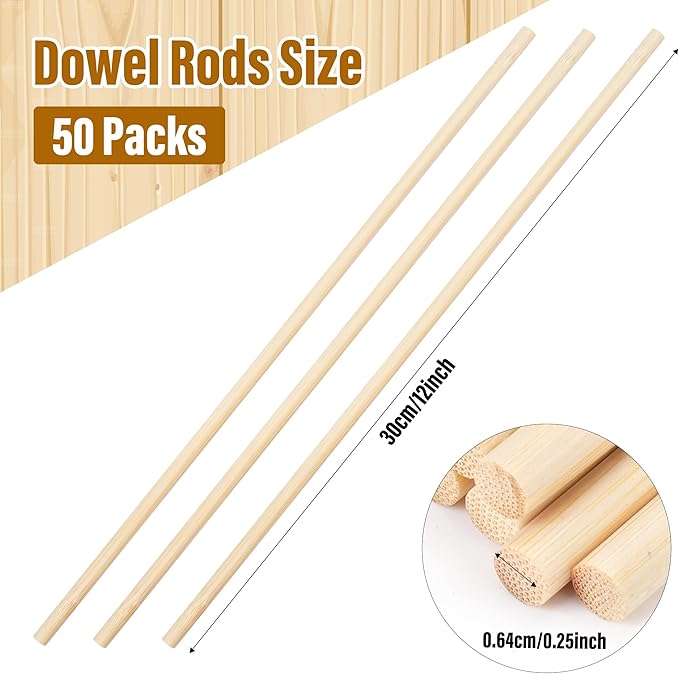 50Pcs Wooden Dowel Rods 1/4 x 12 Inch Wood Sticks for Crafts, Precut Wooden Rod Sticks Natural Wood Dowels for Craft and DIY Projects, Cake Dowels Hardwood Craft Dowel Rods