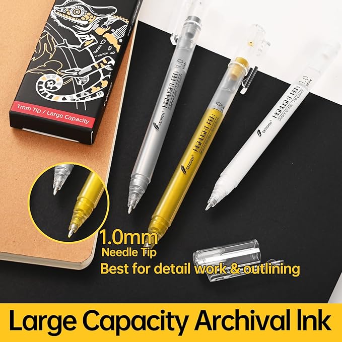 White Gel Pens, 1.0mm Extra Fine Point Gel Ink Pen Set – Opaque Archival Ink Pens for Black Paper Drawing, Bullet Journaling & Artists Drawing, 3 Pack
