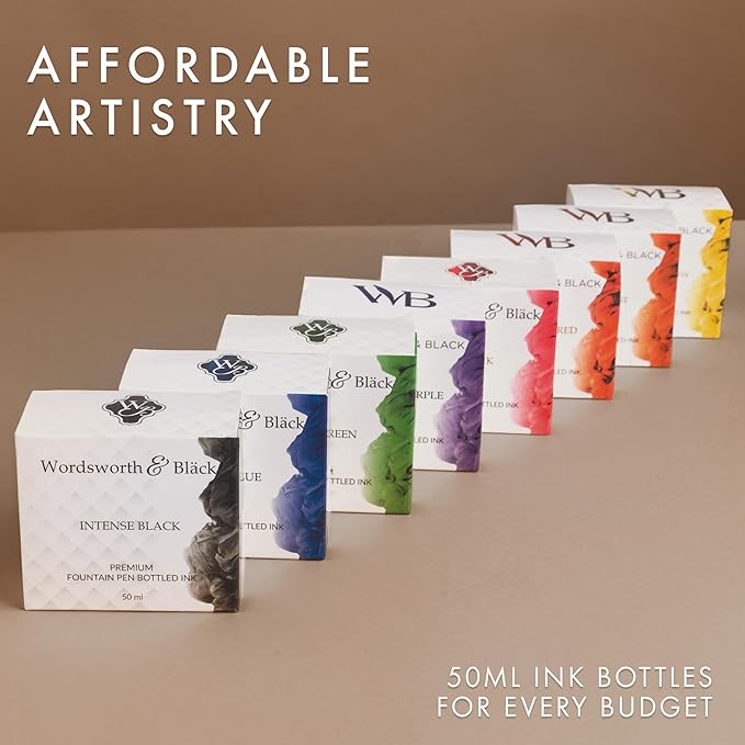 Wordsworth and Black Fountain Pen Ink Bottle (50 ml) Premium Luxury Edition, [Mysterious Black] Fountain Pens Bottled Ink; Classic Designed Bottle Smooth Flow 50 ml