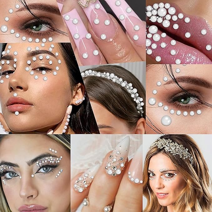 3090 Pcs 4 Sheets Pearl Rhinestone Stickers 3/4/5/6 mm Self Adhesive Craft Rhinestones Gems for Face Eyes Makeup Hair Body (White_pearl-3/4/5/6mm)