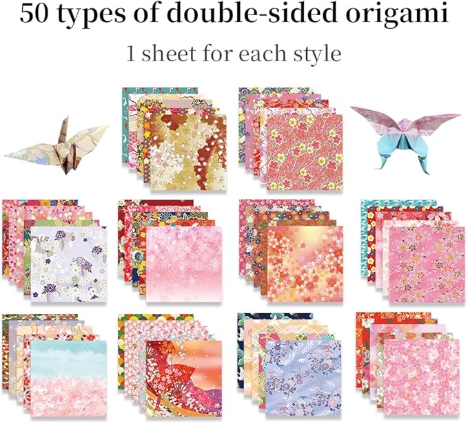 Square Origami Paper 6x6 Double Sided 50 Sheets 50 Colors 70GSM Origami Kit Japanese Chiyo Easy Fold Arts Crafts DIY Handwork Beginner Oriental Cherry
