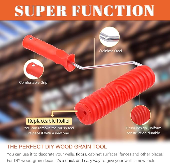 Tanstic 4Pcs Wood Graining Painting Tool Set, Red Blue Rubber Wood Grain Tool and Rubber Empaistic Wood Texture Pattern Roller with Handle for Wall Floor Furniture DIY Room Decoration