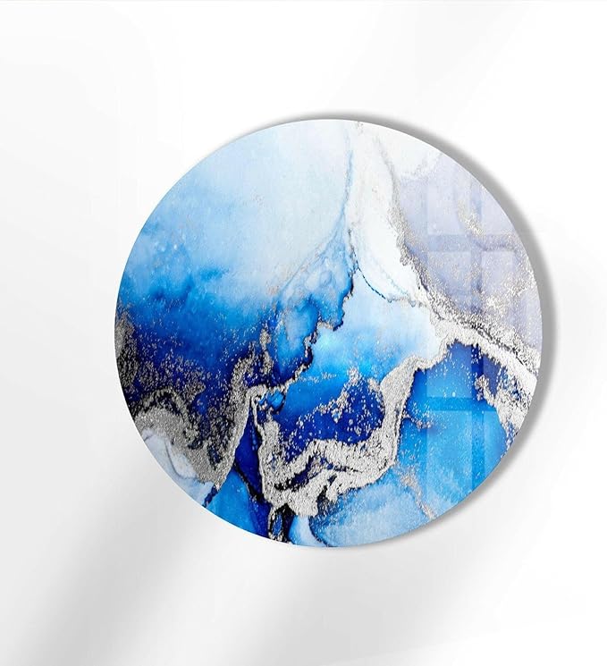 My Photostation.com 24''(60cm) Diameter Blue Marble Round with Silver Details Glass Wall Art Tempered Glass Printing Wall Decor Large Wall Art Wall Hangings