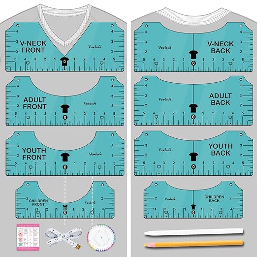 Vowlove Tshirt Ruler Guide for Vinyl Alignment - T Shirt Measure Rulers Guide, Shirt Measurement Centering Tool Heat Press Screen Printing V-Neck Embroidery Accessories Sublimation Blanks Product