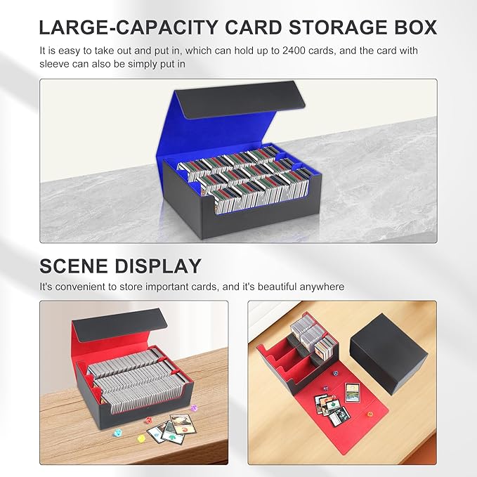 Card Storage Box for Trading Cards，2400+ Leather Magnetic Closure Commander Storage Box,Protectors Fit for YuGiOh, MTG and Sport Cards (Black, red, 2400+)