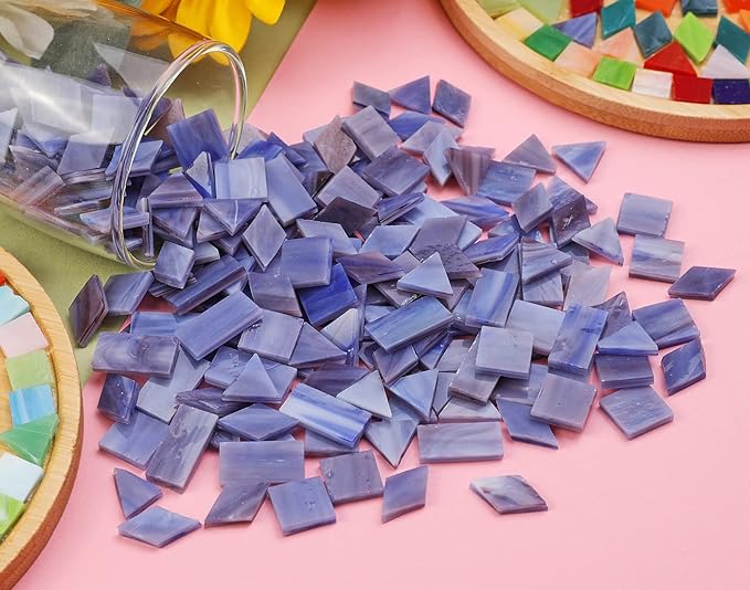 Lanyani Glass Mosaic Tiles for Art Crafts, 4 Shapes Mixed Colorful Glass Tiles Tiffany Stained Glass Pieces, 200 Pieces, Square/Rectangle/Diamond/Triangle,Blue Purple