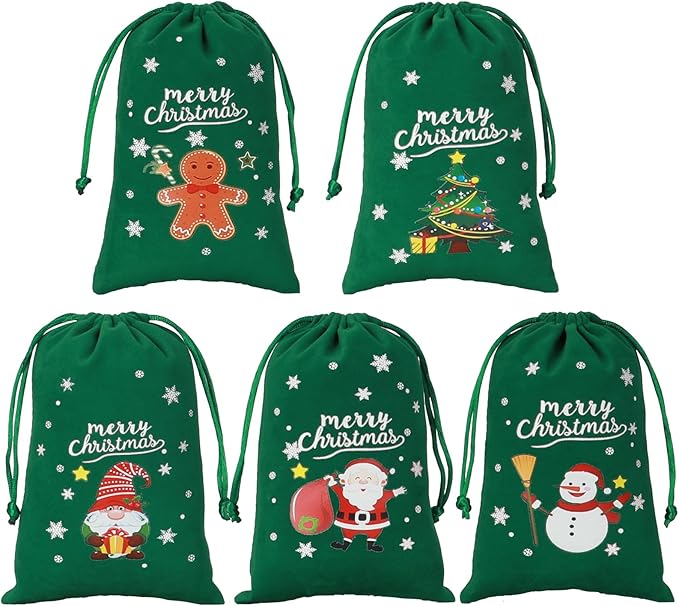 Tapleap Coth Christmas Bags with Drawstring - 50Pcs 4x6 Green Velvet for Wrapping Christmas Party Favors or Gifts for Friends, Small Bussiness, Palm Crosses