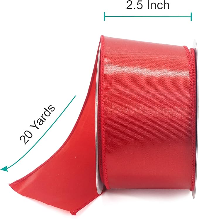 CT CRAFT LLC Satin Wired Ribbon 2.5 Inch x 20 Yards Red for Christmas Home Décor Gift Wrapping Tree Topper Bow Wreath DIY Crafts,