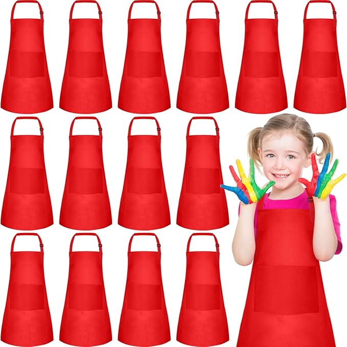 PLULON 10 Pcs Aprons for Kids Adjustable Kids Red Apron Bulk with Pocket Painting Aprons For Boys Girls Painting Cooking Baking (Red)