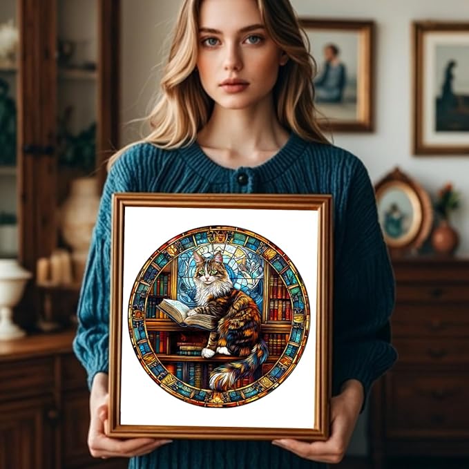 Wooden Puzzles Adults, Maine Cat Library Wooden Puzzles 300 Pieces, Unique Animal Shaped Wood Challenging Jigsaw Puzzles Gifts for Adults, 13.4x13.4in
