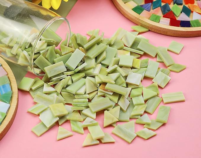 Lanyani Glass Mosaic Tiles for Art Crafts, 4 Shapes Mixed Tiffany Stained Glass Pieces, 200 Pieces, Square/Rectangle/Diamond/Triangle,New Leaf Green