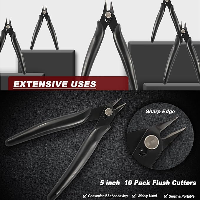YaeCCC 10 Pack Wire Cutters Black Diagonal Cutting Pliers for Electronic, Model, Jewelry Making, 170 Flush Cutter 5 inch