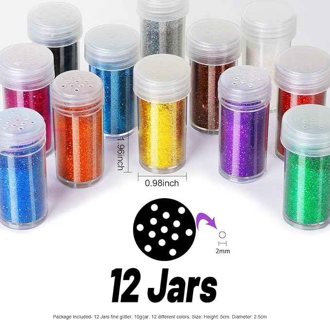 FANDAMEI 12 Pieces Fine Glitter, 12 Colors 10g Glitter Shake Jar Set, Extra Fine Glitter Powder for Arts, Crafts, Painting, Decoration, Body Face Makeup, Nail Art, Pigment