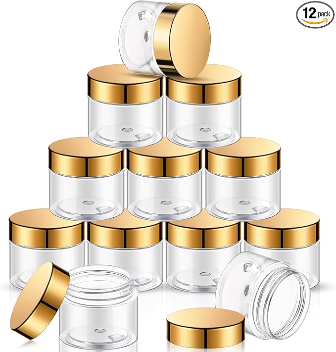 SATINIOR 12 Pack Plastic Container Jars with Lids Round Clear Travel Cosmetic Container Jars for Toiletries, Lotion, Cream, Ointments, Makeup, Rhinestone, Samples, Kitchen Storage(1 oz,Gold)