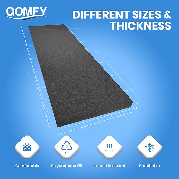 QOMFY 4" Height x 12" Width x 48" Length Charcoal Upholstery Foam Sheet | Made in USA | Multi-Purpose Foam for Upholstery, DIY, Packaging & Acoustic Projects