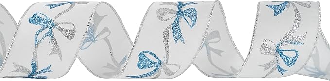 MEEDEE Blue & Silver Christmas Ribbon, 2.5 Inch Wired Satin Ribbon with Turquoise & Silver Glittery Bows, 10 Yards (30 Feet), Perfect for Tree, Garlands, Toppers & Bows