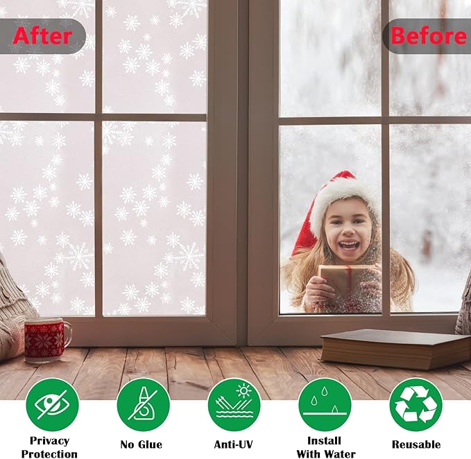 Niviy Privacy Window Film Christmas Decorations Snowflakes Window Clings Decals Stickers Non Adhesive Frosted Glass Film Heat Control 35.4” x 78.7”