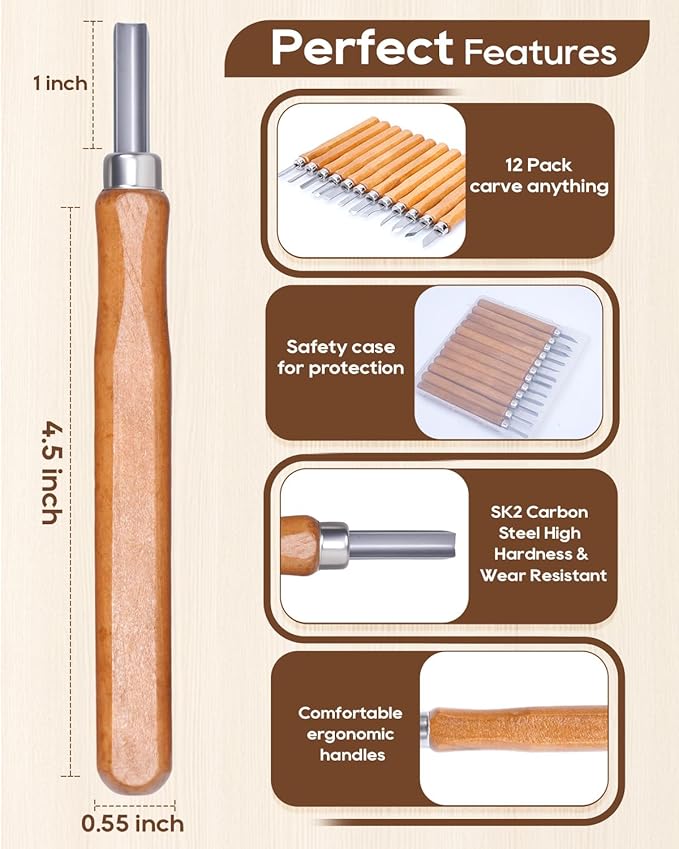 UCEC 12 Pack Linocut Wood Carving Tools Set Linoleum Hand Wood Carving Kit Whittling Knives V-chisel Angled Gouge Half Round Woodcarving Tools Set Whittling Kit for Linocut Printmaking Supplies Gift