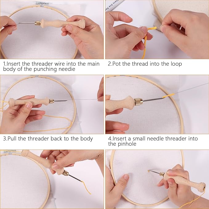Pllieay 19 Pieces Punch Needle Starter Kit with Embroidery Hoop, Adjustable Wooden Needle Punch, Tufting Cloth, Rug Hooking Beginner Kit for Beginner Embroidery Floss Cross Stitching
