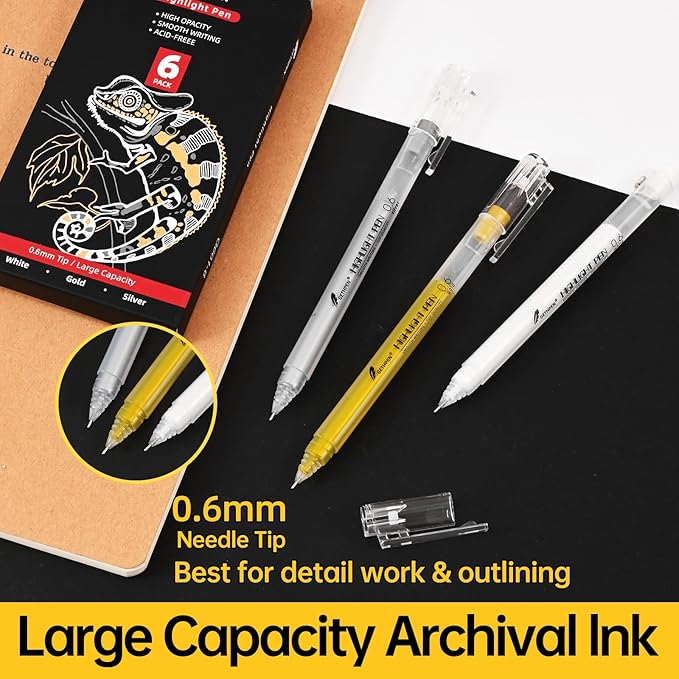 White Gold and Silver Gel Pen Set, 0.6mm Extra Fine Point Pens Gel Ink Pens Opaque Archival Ink Pens for Black Paper Drawing,Sketching,Card Making, Illustration, Bullet Journaling, 6 Pack