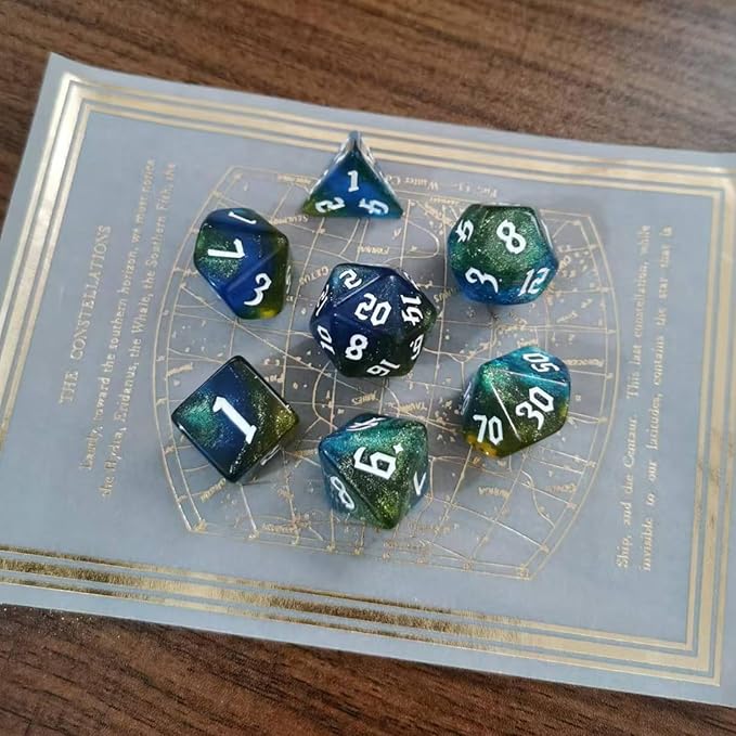 DND RPG Dice Set, Nebula Polyhedral Dice for Dungeons and Dragons, Mystery 7-Piece Set (Blue Gold)