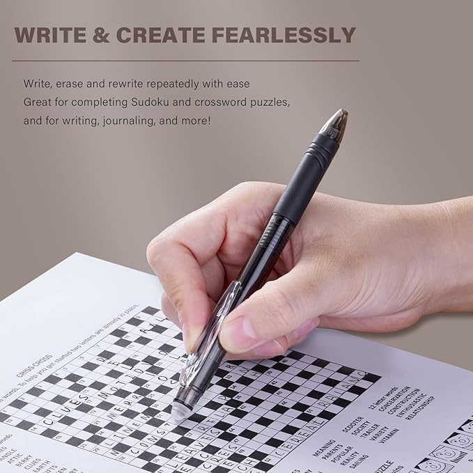 ParKoo Retractable Erasable Gel Pens Clicker Fine Point 0.7 mm, No Need for White Out, 6 Black/6 Blue Ink for Completing Sudoku and Crossword Puzzles