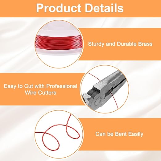 HARFINGTON 30ft Jewelry Wire, 26 Gauge (0.4mm) Brass Craft Soft Metal Tarnish Resistant Copper Beading Wire for Jewelry Making Supplies Crafting, Bright Red