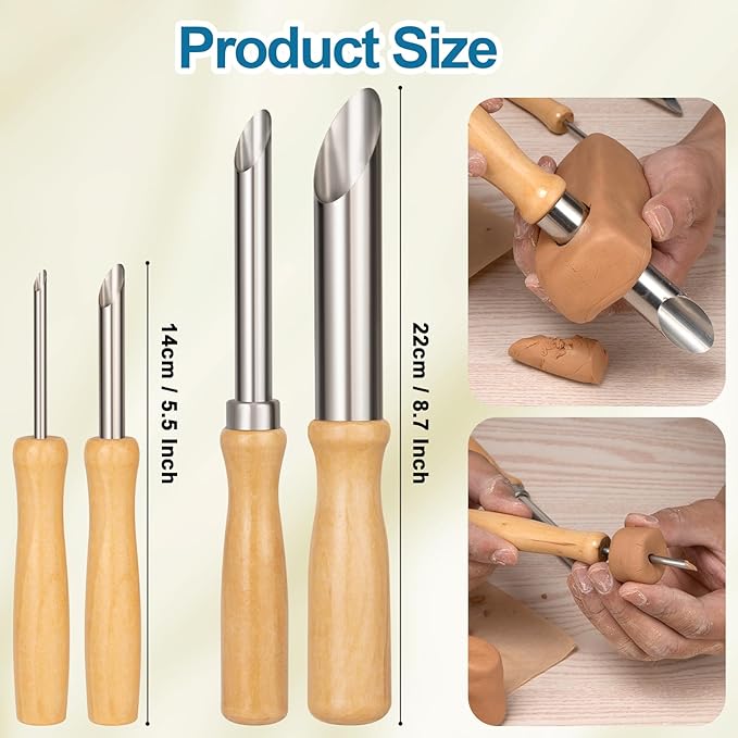 Amrules Clay Tools Kit, 4 PCS Circular Clay Hole Cutters Tools, Wooden Handle and Stainless Steel Sculpting Tools Kit Suitable for Drilling, Carving, Pottery Craft and DIY Projects