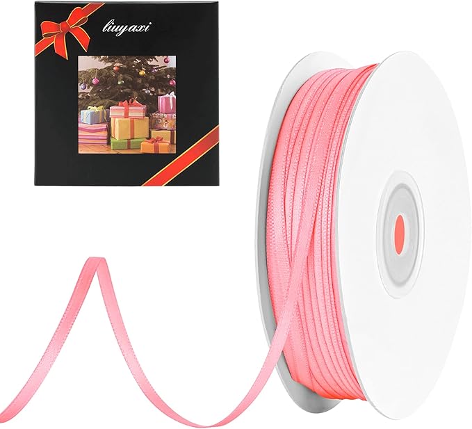 LIUYAXI Pink Double Faced Satin Ribbon, 1/8" X Continuous 100 Yards, Thin Ribbons Perfect for Gift Wrapping Wedding Invitation Card Hair Bows Tag Floral Arrangement DIY Craft