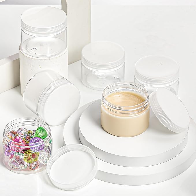 SATINIOR 24 Pieces Empty Clear Plastic Jars with Lids Round Storage Containers Wide-Mouth for Beauty Product Cosmetic Cream Lotion Liquid Butter Craft and Food (Transparent Lid, 1 oz)