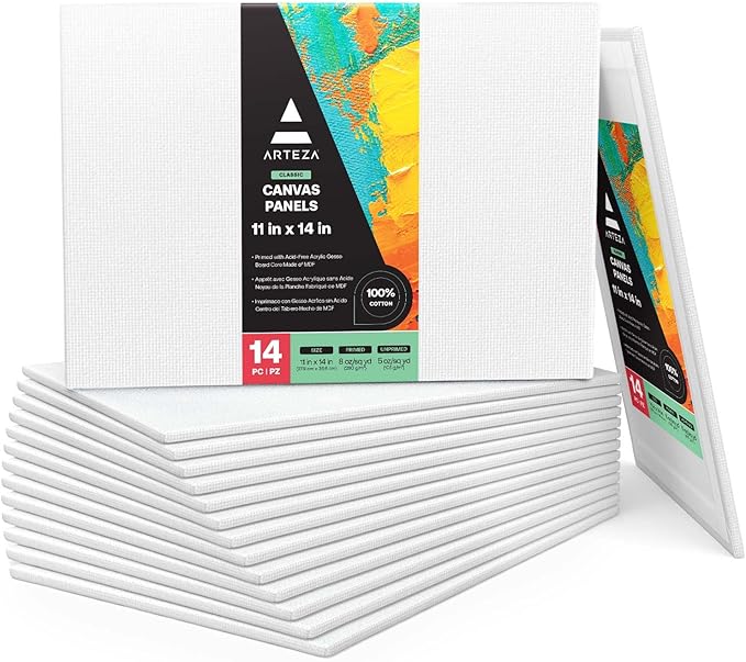 ARTEZA Canvas Boards for Painting, 11 x 14 Inches, Pack of 14, Blank White Canvas Panels for Acrylic, Oil, Gouache & Tempera Painting
