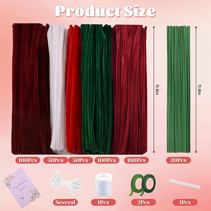 LansinLife 400 Pcs Pipe Cleaners Craft Set, 5 Assorted Red Pipe Cleaners Bulk, Chenille Stems for DIY Flower Making Kit with Floral Stems, Gardening Tape, Stamen, Ribbon for DIY Bouquet Gift (Red)