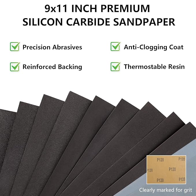 Sandpaper Assortment, 18 Sheets, 9 x 11 Inch Wet Dry Sand Paper, 120/180/240/320/400/600/800/1000/2000 Grit Hand Sanding Sheets for Wood Metal Automotive Sanding and Polishing