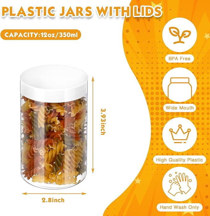 SATINIOR 24 Pieces Empty Clear Plastic Jars with Lids Round Storage Containers Wide Mouth for Beauty Product Cosmetic Cream Lotion Liquid Butter Craft and Food(White Lid,12 oz)