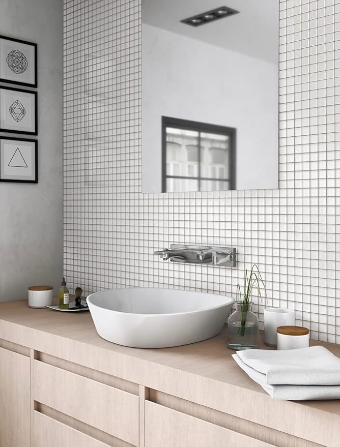 Glass 1x1 Mosaic 0.97 sq ft/Piece Pack of 1,Ice White Matte Glass Square Mosaic Tile 1" x 1" –Backsplash, Bathroom, Shower, or Pool - Not Peel & Stick - Water-Resistant Indoor Outdoor Decorative Tile