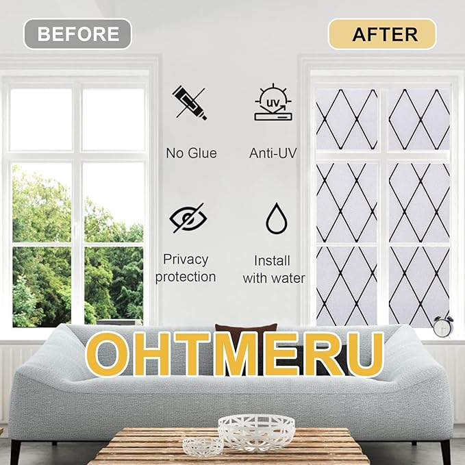 Window Privacy Film Decorative for Front Door, Bathroom Static Cling Stained Glass Sticker Opaque Heat Control UV Blocking Non-Adhesive for Home,Black Grid 35.4 x 78.7 inches