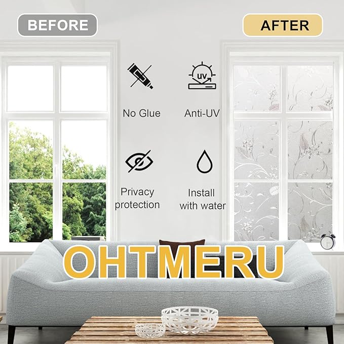 Window Privacy Film Decorative for Front Door, Bathroom Static Cling Stained Glass Sticker Opaque Heat Control UV Blocking Non-Adhesive for Home Windows,Horsetail