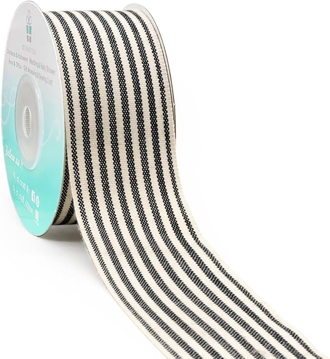 CT CRAFT LLC Ivory Cotton Black Stripes Ribbon 1.5" x 10 Yards for Home Décor Gift Present Wrapping DIY Crafts Birthday Wedding Bouquet Christmas