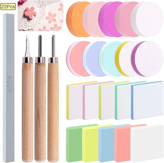 Keadic 24 Pieces Block Printing Starter Tool Kit, Rubber Stamps Making Set with Round & Square Rubber Carving Blocks, Linoleum Cutter Tools & Grindstone for Stamp Carving and Printmaking