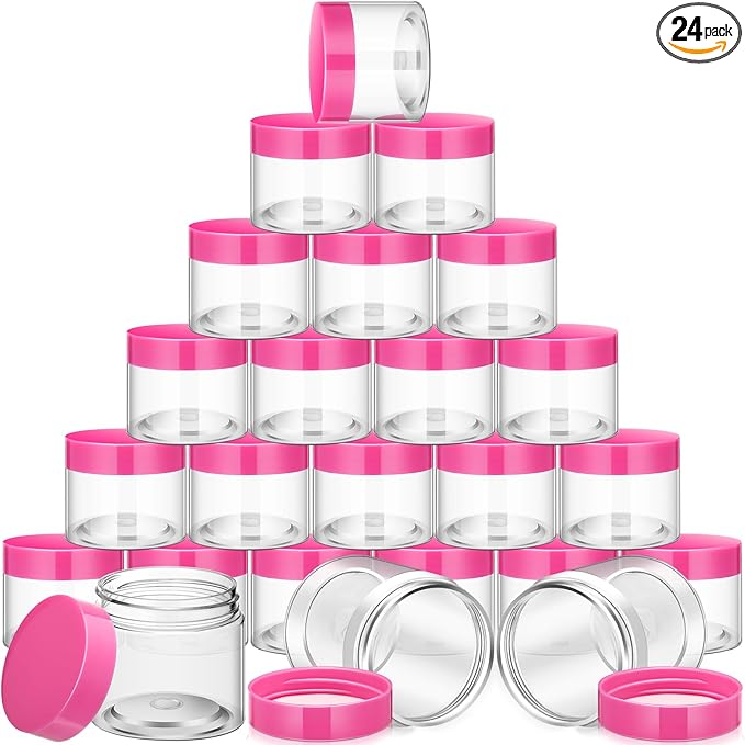 SATINIOR 24 Pieces Empty Clear Plastic Jars with Lids Round Storage Containers Wide Mouth for Beauty Product Cosmetic Cream Lotion Liquid Butter Craft and Food(Pink Lid,6 oz)