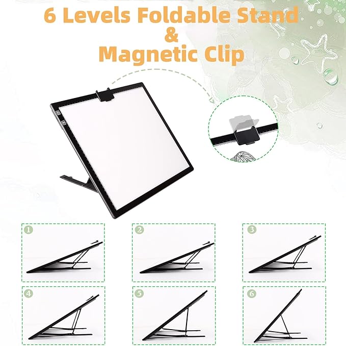 HIUKCOLED Rechargeable A3 Light Pad with Diamond Painting Light Board Carry Bag, Built-in Foldable Stand＆top Clip, 3 Colors/Stepless/6-level Brightness, Battery Powered Wireless LED Tracing Box