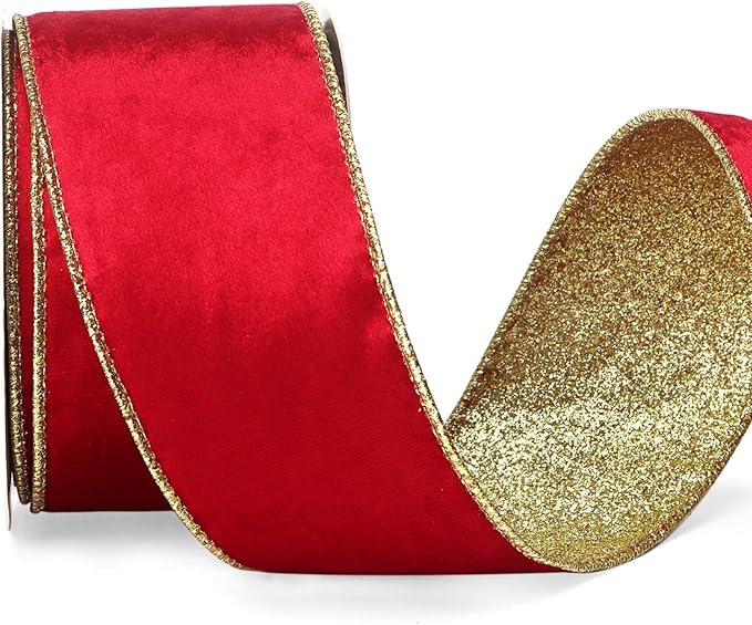 Ribbli Red Velvet Wired Ribbon 2.5 Inch Red Velvet with Gold Glitter Christmas Ribbon for Christmas Tree Decoration Big Bow Gift Wrapping Crafts Wreaths Supplies- 10 Yards