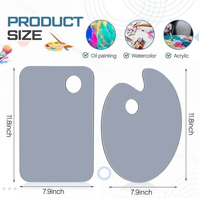 Honoson 2 Pack 11.8 x 7.9 Inch Acrylic Paint Palette with Thumb Hole Clear Paint Pallet, Easy to Clean Non Stick Artist Pallet for Oil Watercolor Craft DIY Painting Palette (Square and Oval)
