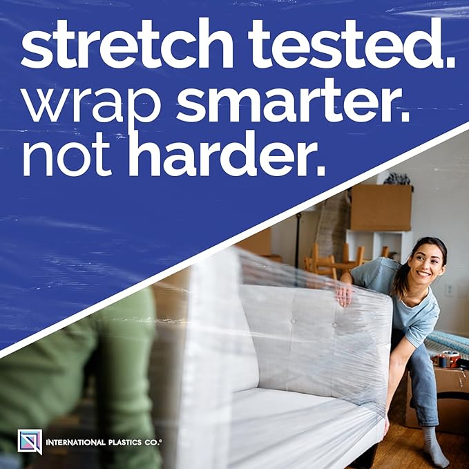 International Plastics Co. 18" Stretch Film/Wrap 1500 feet 7 Layers 80 Gauge Industrial Strength up to 800% Stretch 20 Microns Adhering Packing Moving Heavy Duty (Clear, 4 Pack - Tension Handles)