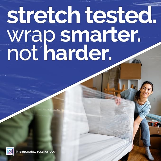 International Plastics Co. 18" Stretch Film/Wrap 1500 feet 7 Layers 80 Gauge Industrial Strength up to 800% Stretch 20 Microns Adhering Packing Moving Heavy Duty (Clear, 1 Pack - Tension Handles)