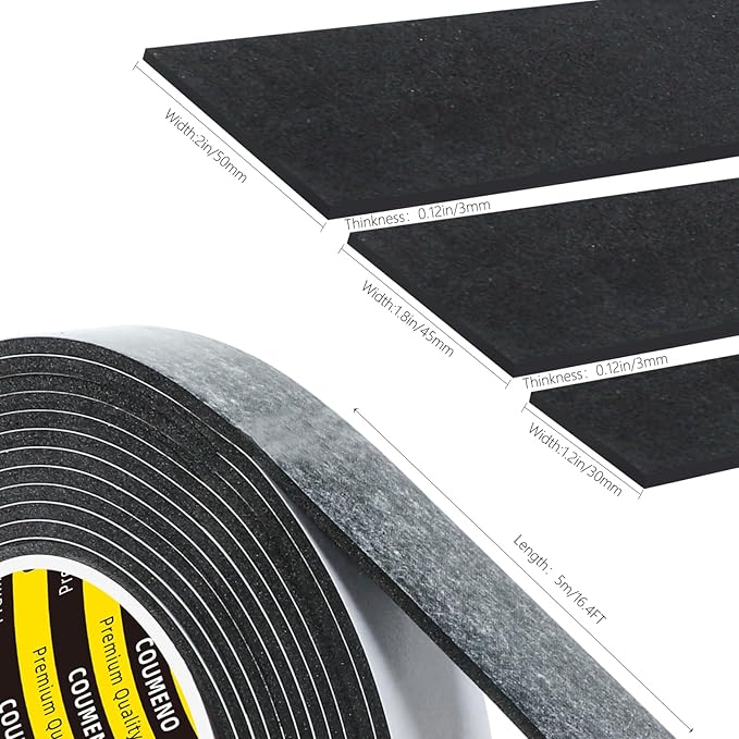 2 Pack EVA Single-Sided Adhesive Foam Tape 1.2inx16.4FT Single-Sided Sealing Strip Foam Pad Sponge Tape Window Weatherproof, Self-Adhesive Insulation Sealing Tape Black