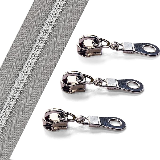 Sawoake 10 Yards Bulk #5 Nylon Coil Zipper, Pale Bluish White With Silver Teeth, 10 Sliders for DIY Sewing Craft Bags